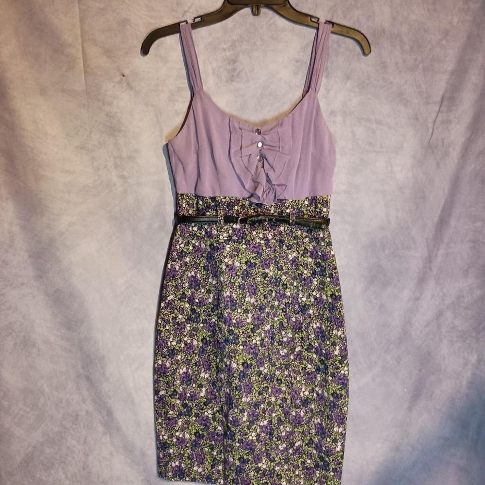 My Michelle Purple Floral Belted Midi Dress Ruffle Button Cottagecore Size 1‎
